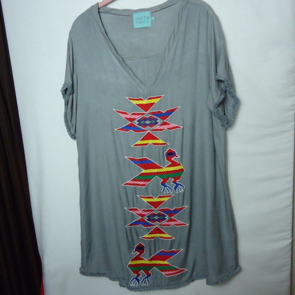 Judith March Gray Tunic with Multicolor Aztec Bird Embroidery